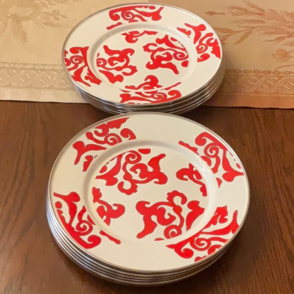 Red and White Decorative party plates.  Enamel with stainless rim.  Fabulous!